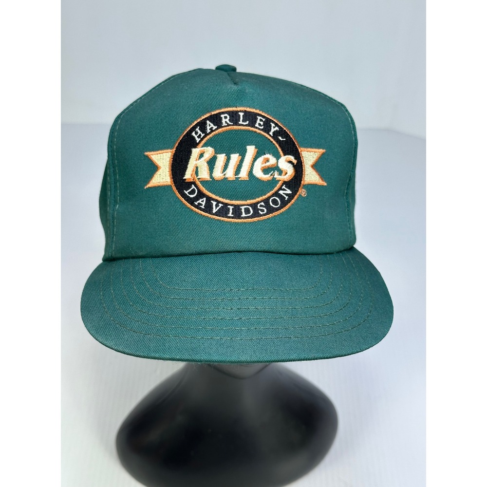 Vintage Harley Davidson Rules Trucker Hat Green Holoubek Snapback Made in USA
